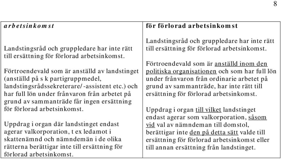 ) och har full lön under frånvaron från arbetet på grund av sammanträde får ingen ersättning för förlorad arbetsinkomst.