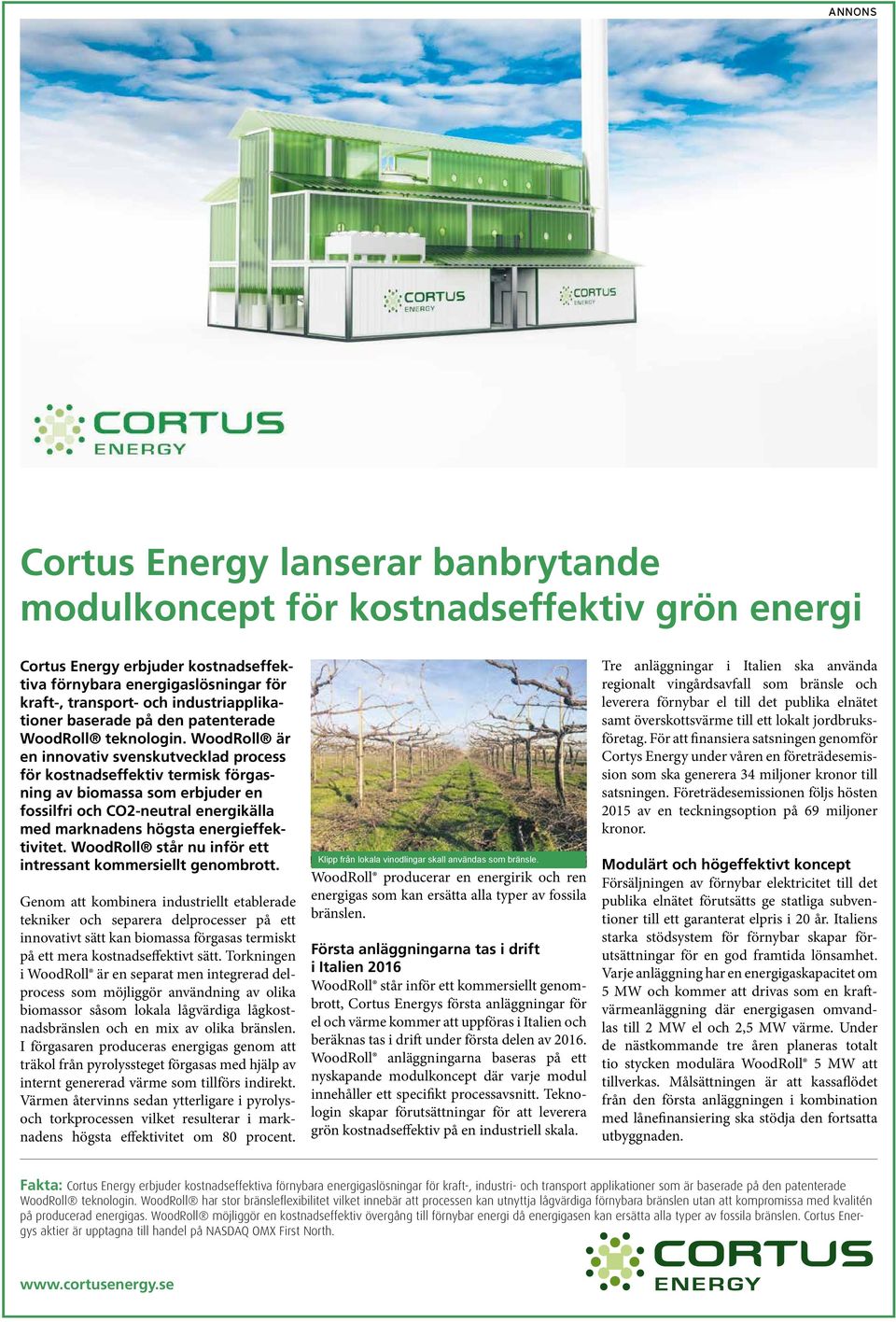 WoodRoll är en innovativ svenskutvecklad process för kostnadseffektiv termisk förgasning av biomassa som erbjuder en fossilfri och CO2-neutral energikälla med marknadens högsta energieffektivitet.