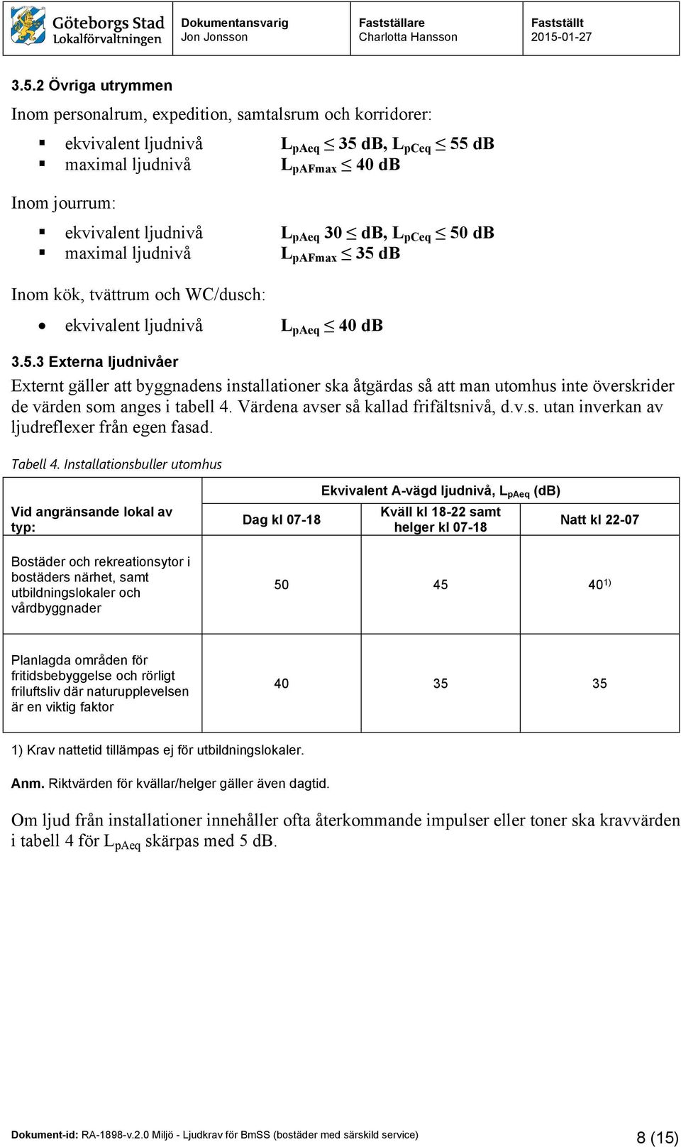 Värdena avser så kallad frifältsnivå, d.v.s. utan inverkan av ljudreflexer från egen fasad. Tabell 4.