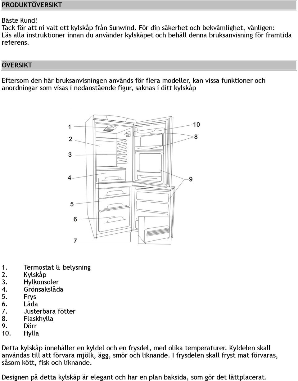 ÖVERSIKT Eftersom den här bruksanvisningen används för flera modeller, kan vissa funktioner och anordningar som visas i nedanstående figur, saknas i ditt kylskåp 1. Termostat & belysning 2. Kylskåp 3.