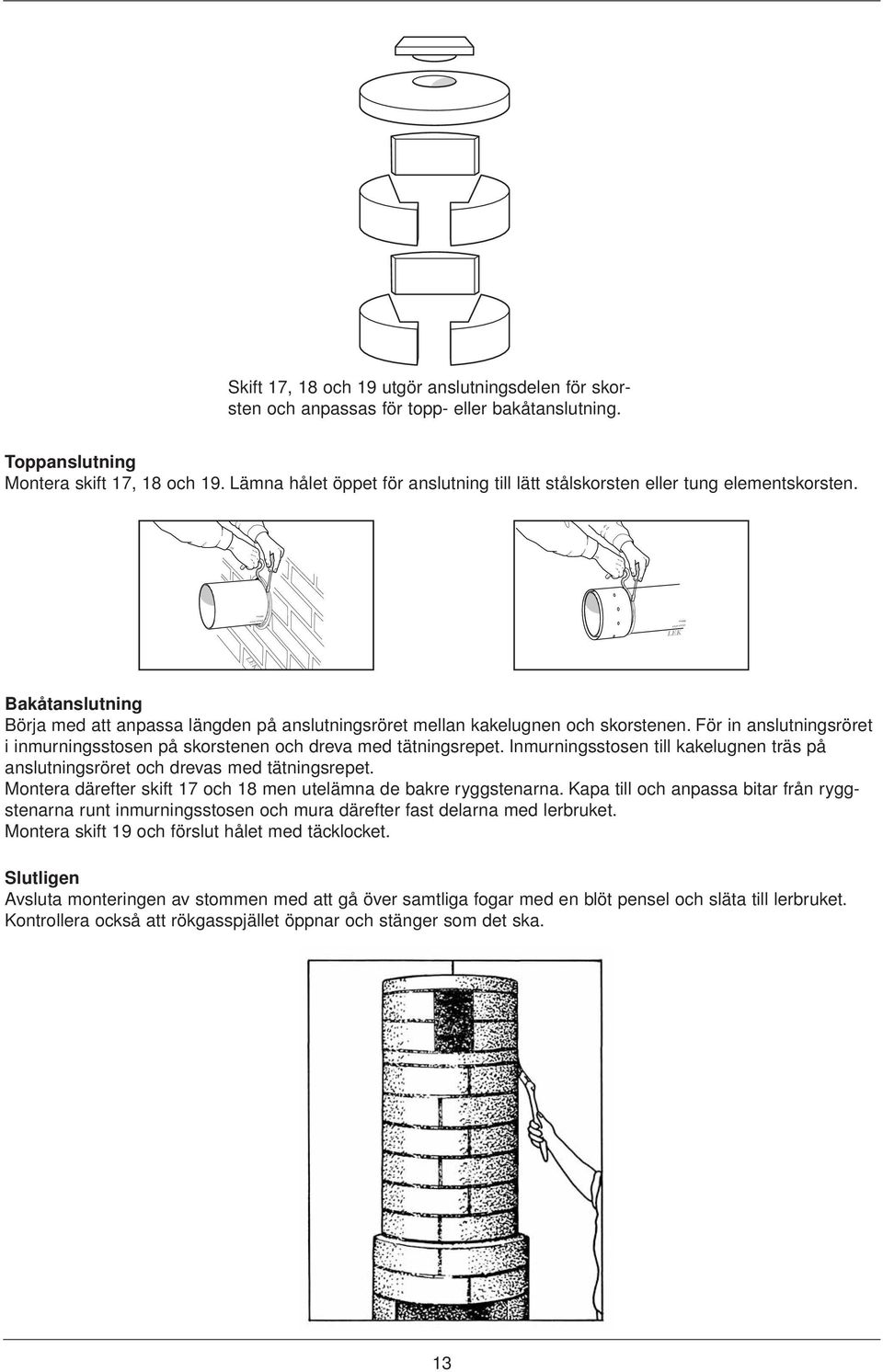 För in anslutningsröret i inmurningsstosen på skorstenen och dreva med tätningsrepet. Inmurningsstosen till kakelugnen träs på anslutningsröret och drevas med tätningsrepet.