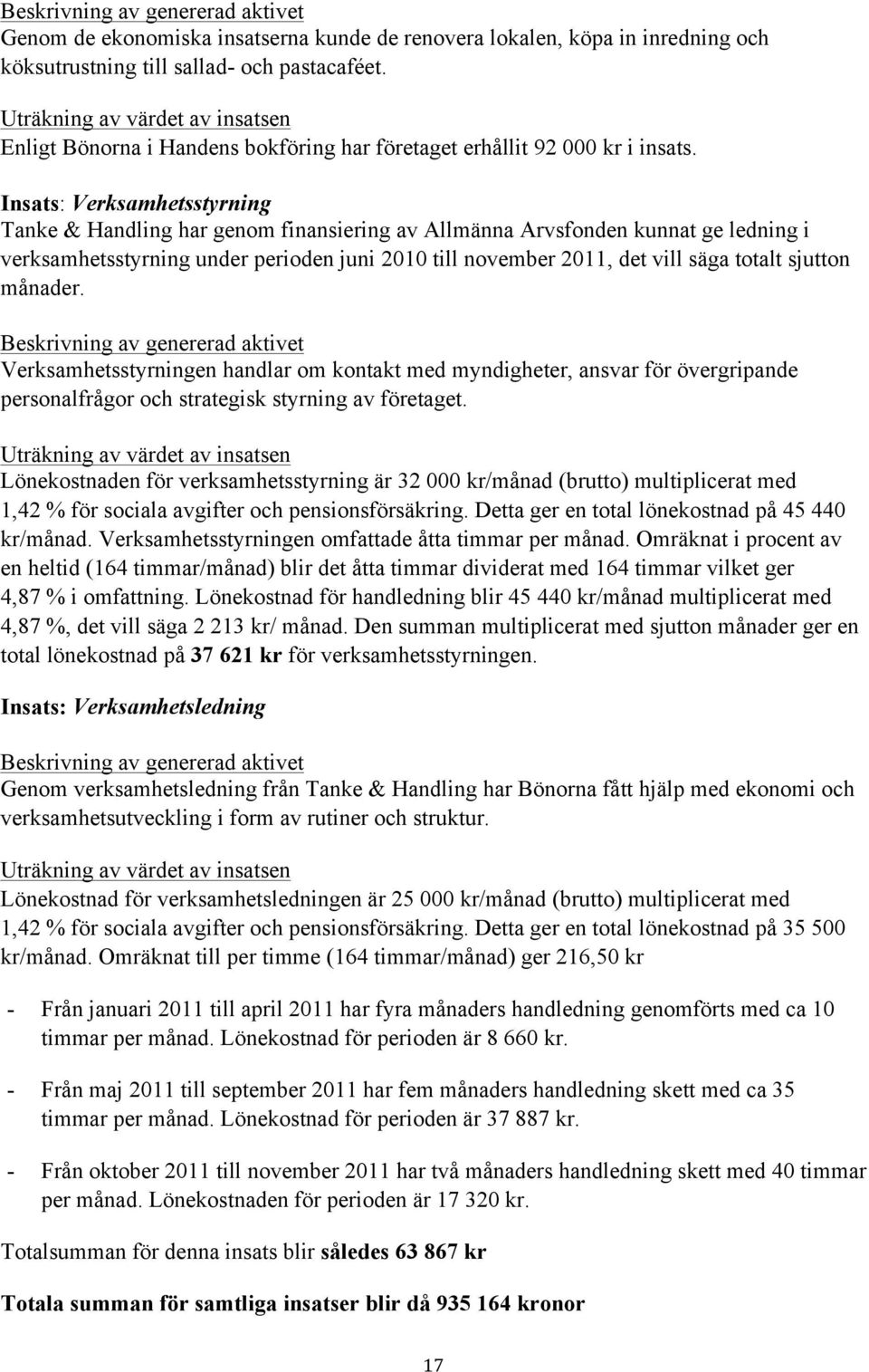 Insats: Verksamhetsstyrning Tanke & Handling har genom finansiering av Allmänna Arvsfonden kunnat ge ledning i verksamhetsstyrning under perioden juni 2010 till november 2011, det vill säga totalt