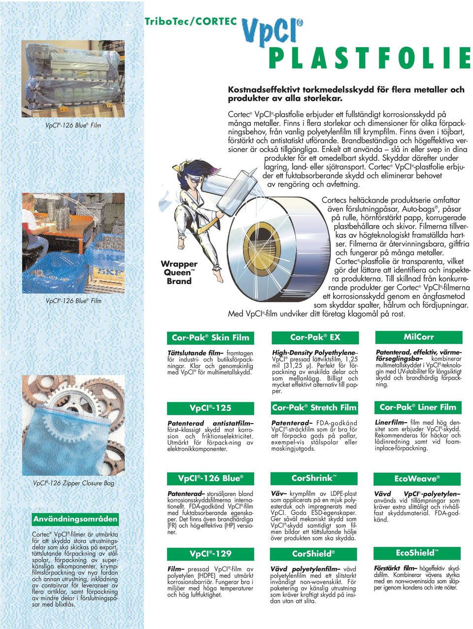 Finns i flera storlekar och dimensioner för olika förpackningsbehov, från vanlig polyetylenfilm till krympfilm. Finns även i töjbart, förstärkt och antistatiskt utförande.