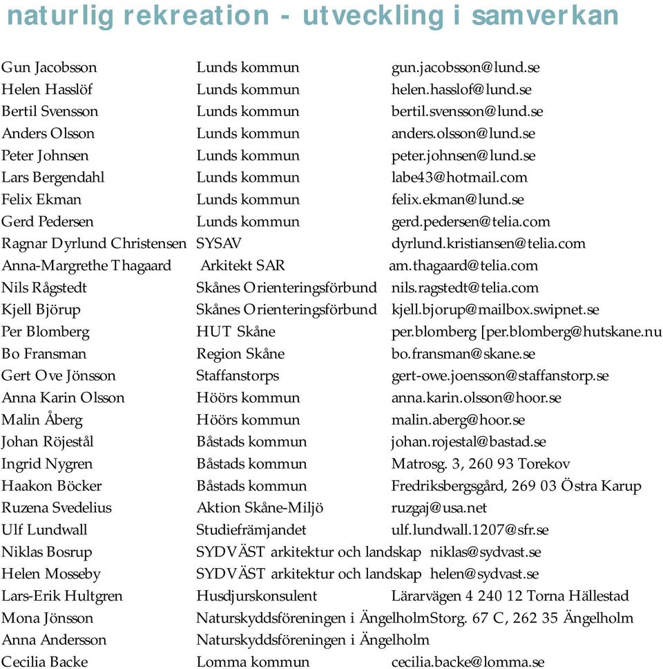 com Ragnar Dyrlund Christensen SYSAV dyrlund.kristiansen@telia.com Anna-Margrethe Thagaard Arkitekt SAR am.thagaard@telia.com Nils Rågstedt Skånes Orienteringsförbund nils.ragstedt@telia.