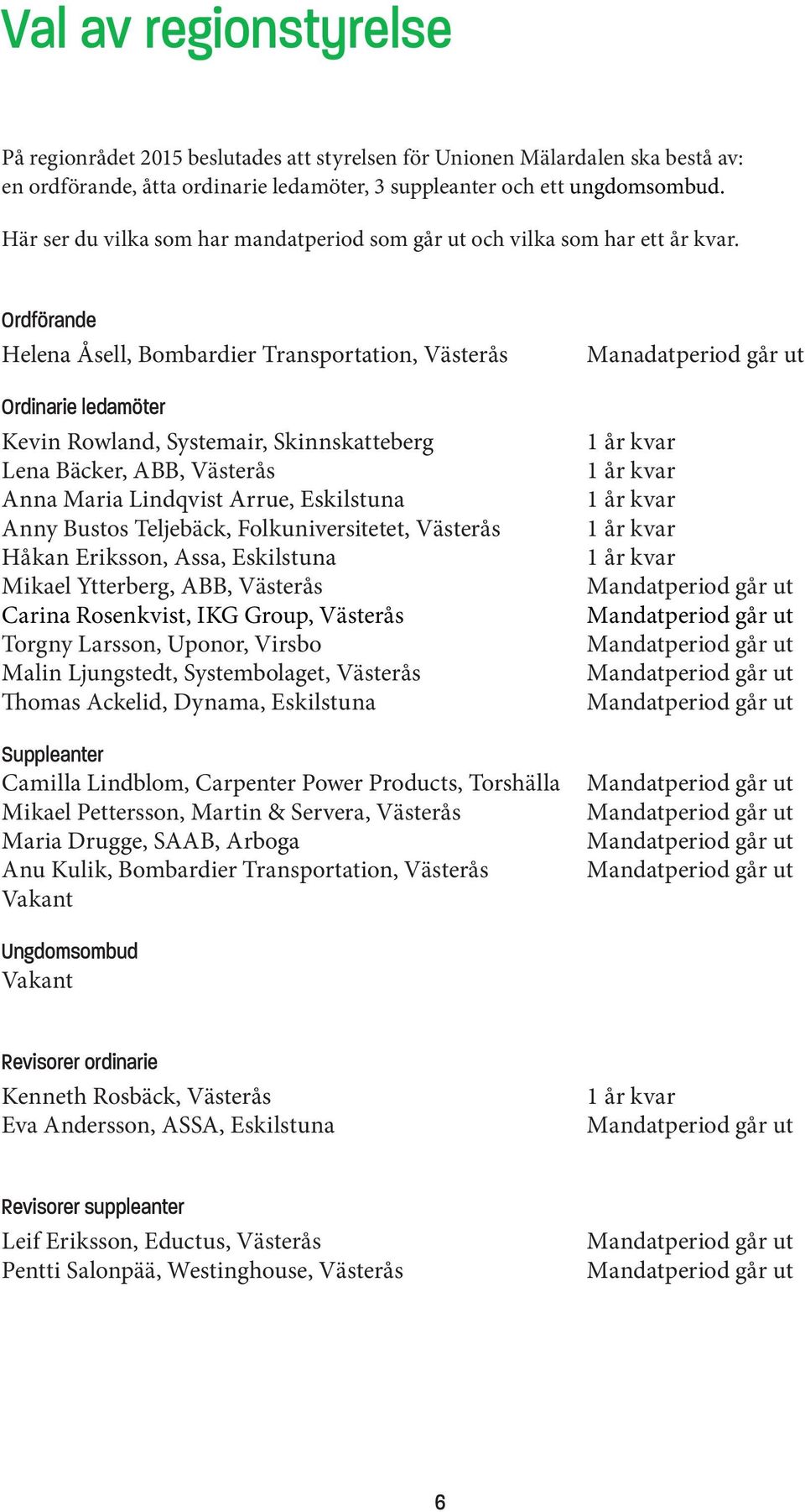 Ordförande Helena Åsell, Bombardier Transportation, Västerås Ordinarie ledamöter Kevin Rowland, Systemair, Skinnskatteberg Lena Bäcker, ABB, Västerås Anna Maria Lindqvist Arrue, Eskilstuna Anny