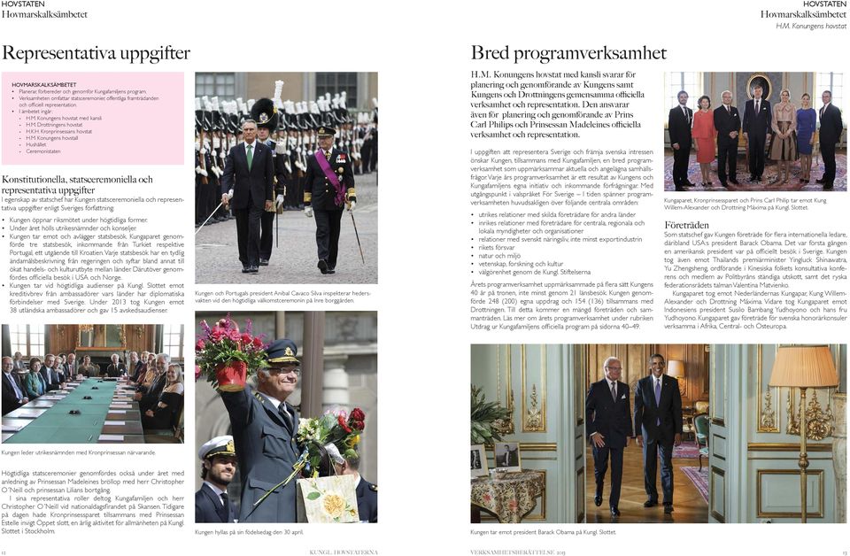 M. Konungens hovstall - Hushållet - Ceremonistaten Konstitutionella, statsceremoniella och representativa uppgifter I egenskap av statschef har Kungen statsceremoniella och representativa uppgifter