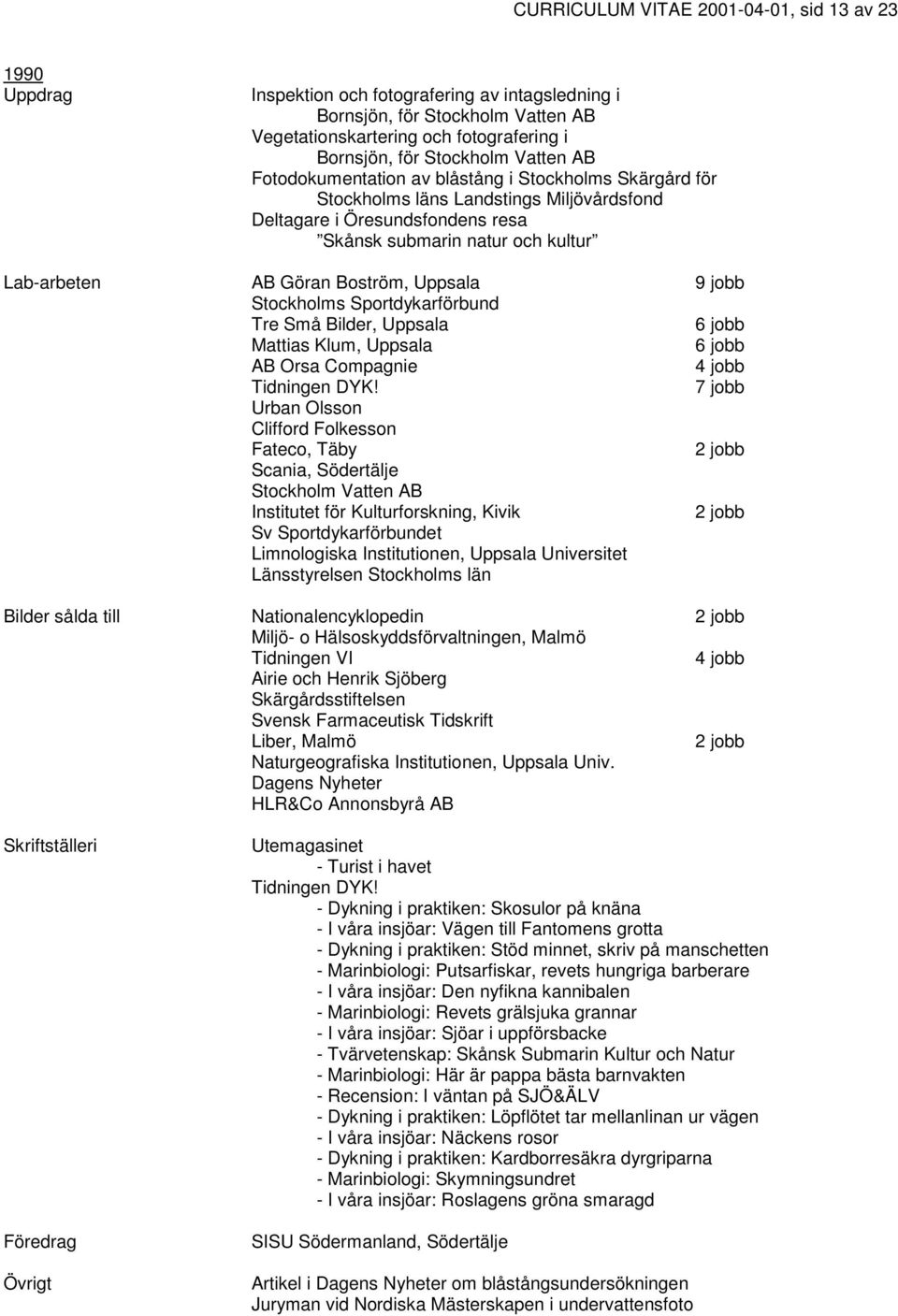 Göran Boström, Uppsala 9 jobb Stockholms Sportdykarförbund Tre Små Bilder, Uppsala 6 jobb Mattias Klum, Uppsala 6 jobb AB Orsa Compagnie 4 jobb 7 jobb Urban Olsson Clifford Folkesson Fateco, Täby