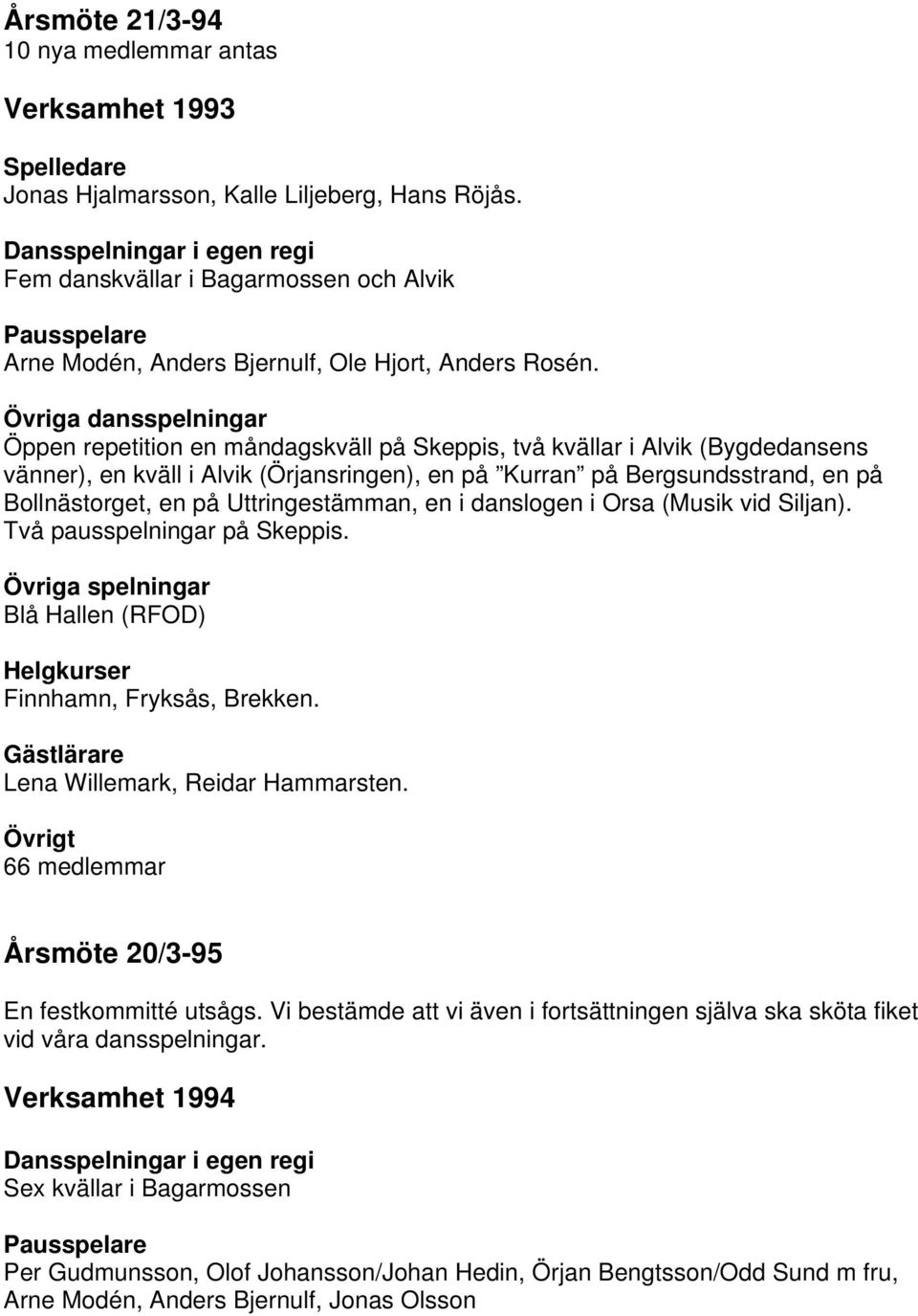 Öppen repetition en måndagskväll på Skeppis, två kvällar i Alvik (Bygdedansens vänner), en kväll i Alvik (Örjansringen), en på Kurran på Bergsundsstrand, en på Bollnästorget, en på Uttringestämman,