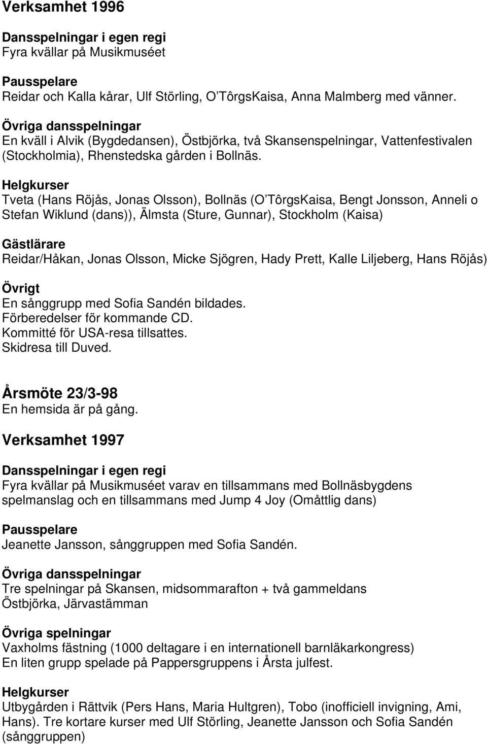 Tveta (Hans Röjås, Jonas Olsson), Bollnäs (O TôrgsKaisa, Bengt Jonsson, Anneli o Stefan Wiklund (dans)), Älmsta (Sture, Gunnar), Stockholm (Kaisa) Reidar/Håkan, Jonas Olsson, Micke Sjögren, Hady