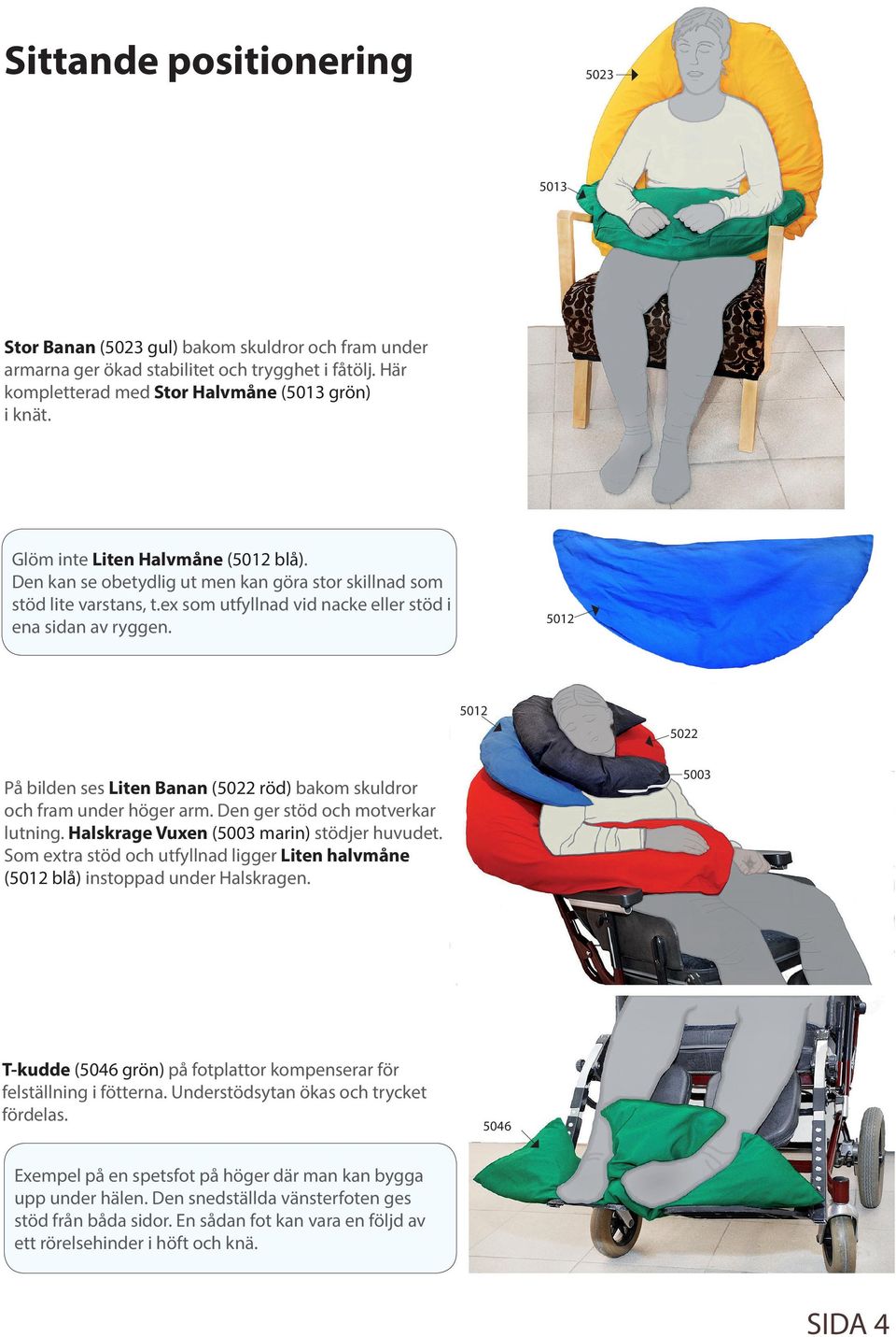 5012 5012 5022 5003 På bilden ses Liten Banan (5022 röd) bakom skuldror och fram under höger arm. Den ger stöd och motverkar lutning. Halskrage Vuxen (5003 marin) stödjer huvudet.