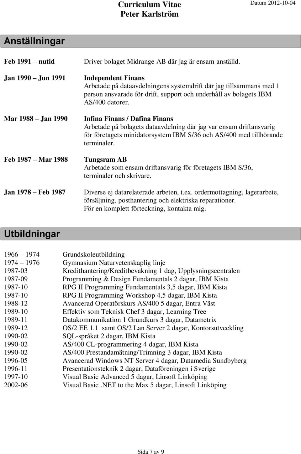 Infina Finans / Dafina Finans Arbetade på bolagets dataavdelning där jag var ensam driftansvarig för företagets minidatorsystem IBM S/36 och AS/400 med tillhörande terminaler.