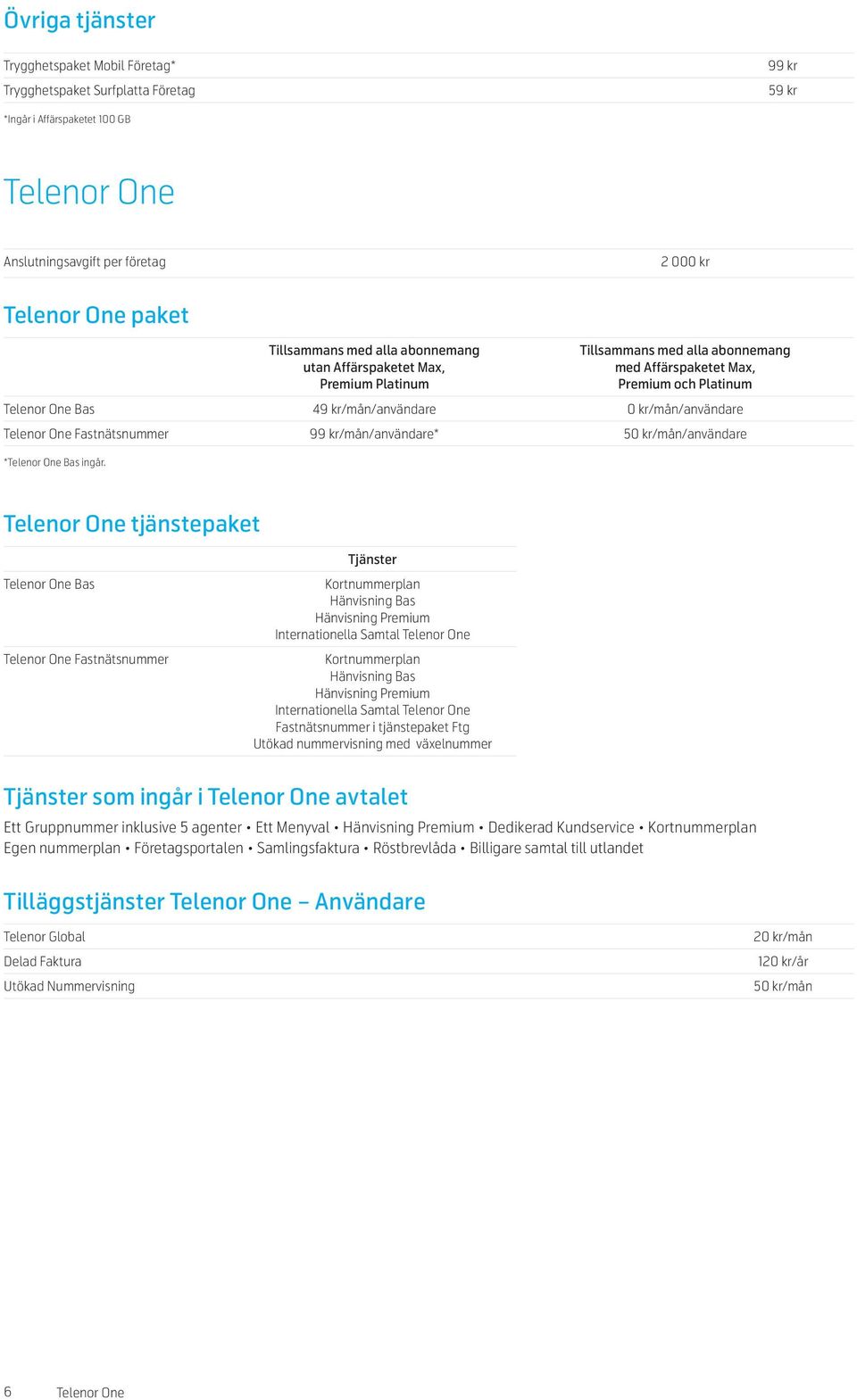 kr/mån/användare Telenor One Fastnätsnummer 99 kr/mån/användare* 50 kr/mån/användare *Telenor One Bas ingår.