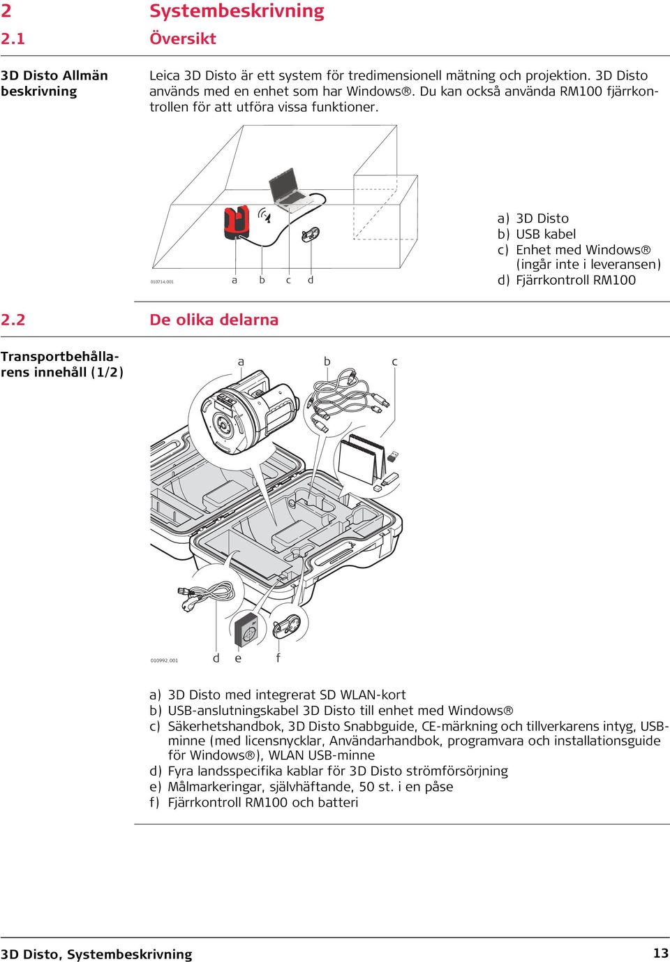 2 De olika delarna Transportbehållarens innehåll (1/2) a b c 010992_001 d e f a) 3D Disto med integrerat SD WLAN-kort b) USB-anslutningskabel 3D Disto till enhet med Windows c) Säkerhetshandbok, 3D