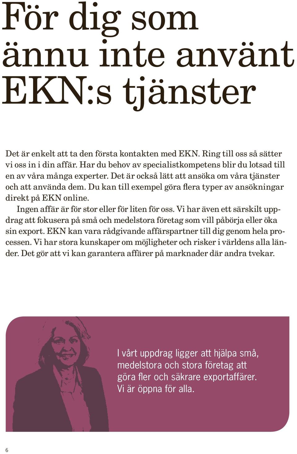 Du kan till exempel göra flera typer av ansökningar direkt på EKN online. Ingen affär är för stor eller för liten för oss.