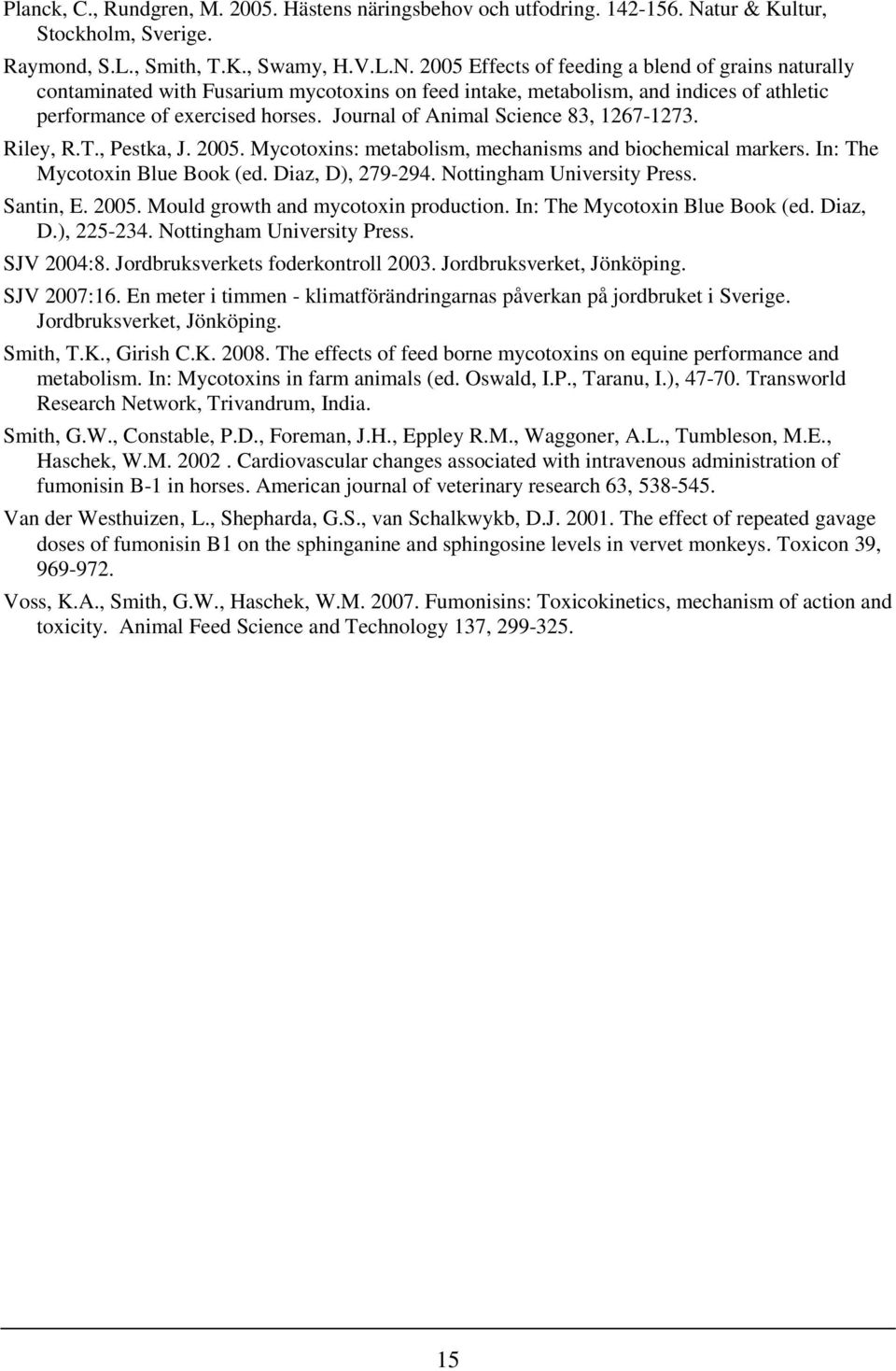 2005 Effects of feeding a blend of grains naturally contaminated with Fusarium mycotoxins on feed intake, metabolism, and indices of athletic performance of exercised horses.