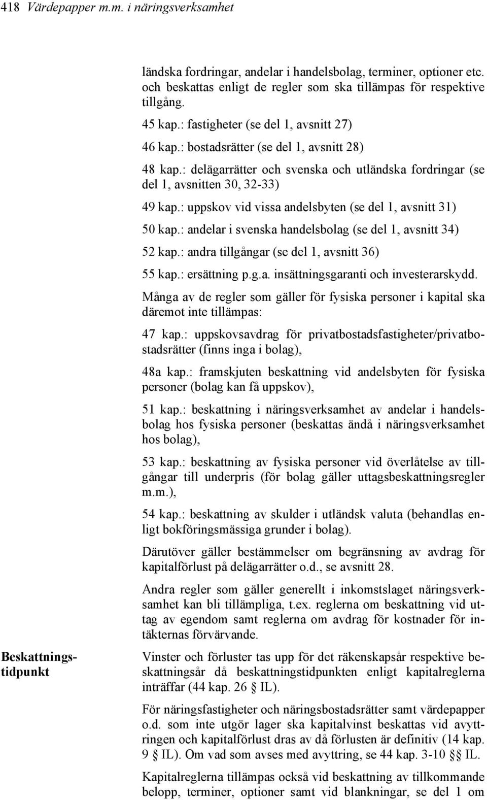 : delägarrätter och svenska och utländska fordringar (se del 1, avsnitten 30, 32-33) 49 kap.: uppskov vid vissa andelsbyten (se del 1, avsnitt 31) 50 kap.