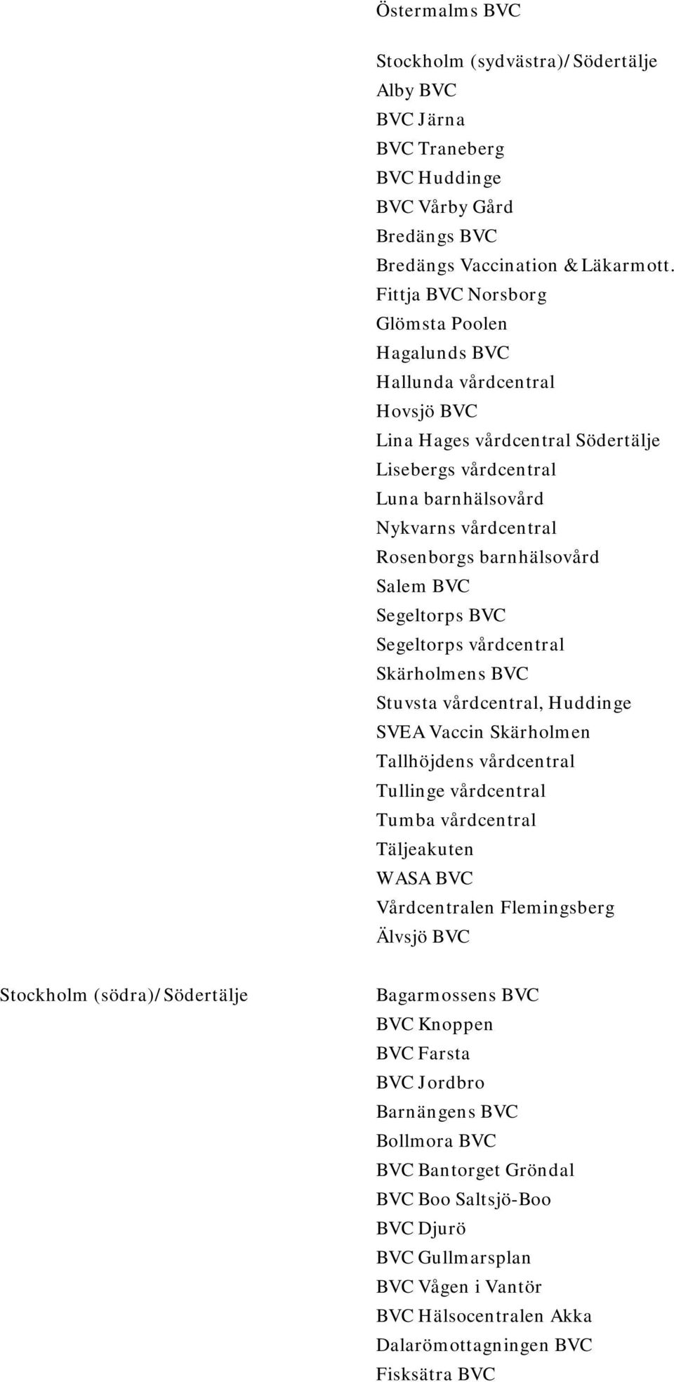 barnhälsovård Salem BVC Segeltorps BVC Segeltorps vårdcentral Skärholmens BVC Stuvsta vårdcentral, Huddinge SVEA Vaccin Skärholmen Tallhöjdens vårdcentral Tullinge vårdcentral Tumba vårdcentral