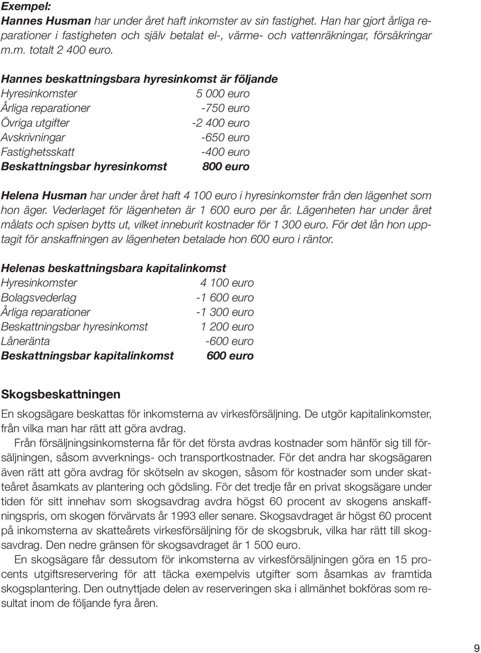 hyresinkomst 800 euro Helena Husman har under året haft 4 100 euro i hyresinkomster från den lägenhet som hon äger. Vederlaget för lägenheten är 1 600 euro per år.