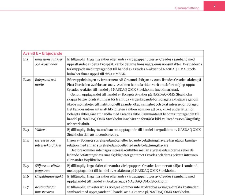 Kostnaderna förknippade med upptagandet till handel av Creades A aktier på NASDAQ OMX Stockholm beräknas uppgå till cirka 2 MSEK.