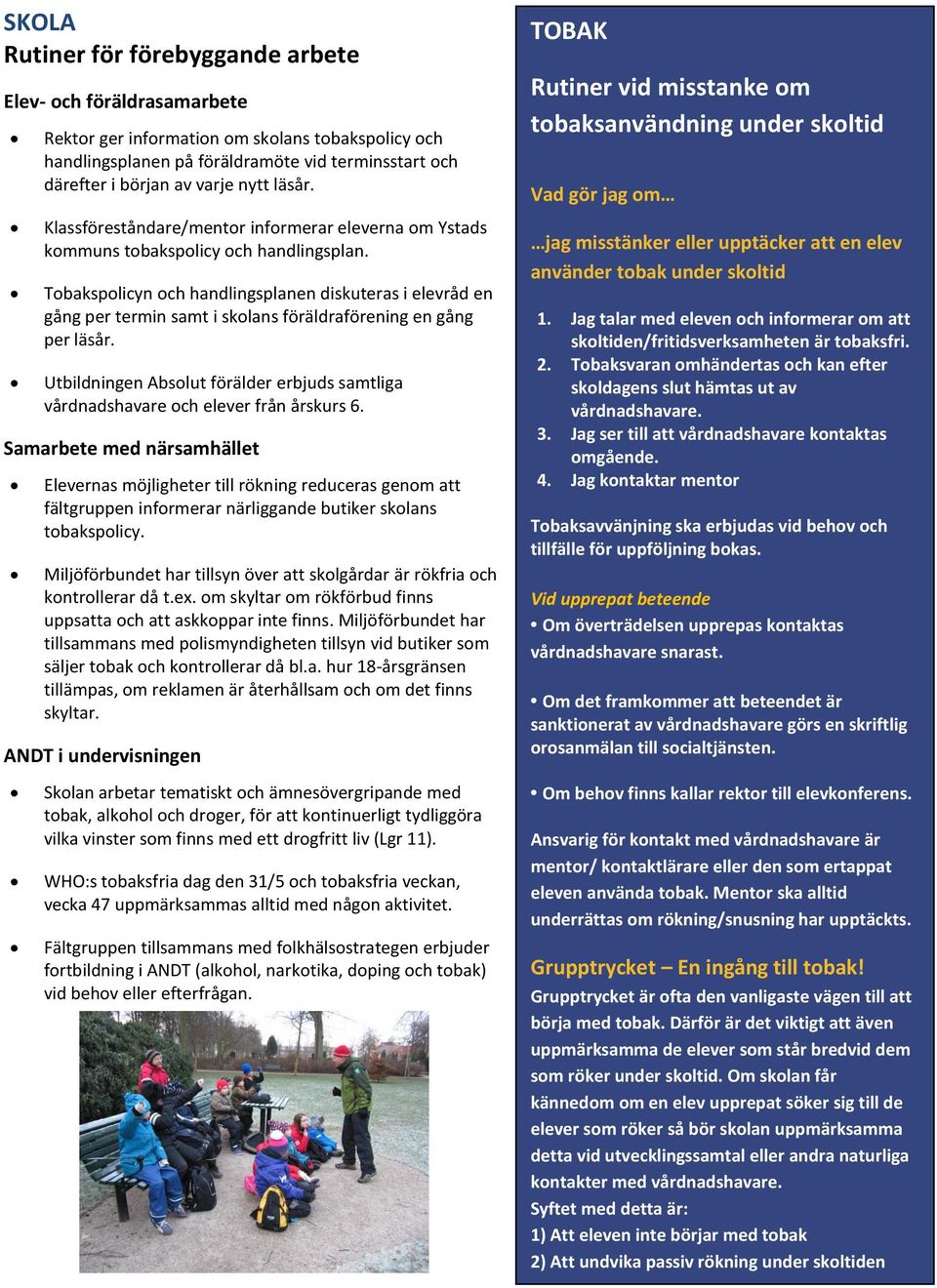 Tobakspolicyn och handlingsplanen diskuteras i elevråd en gång per termin samt i skolans föräldraförening en gång per läsår.