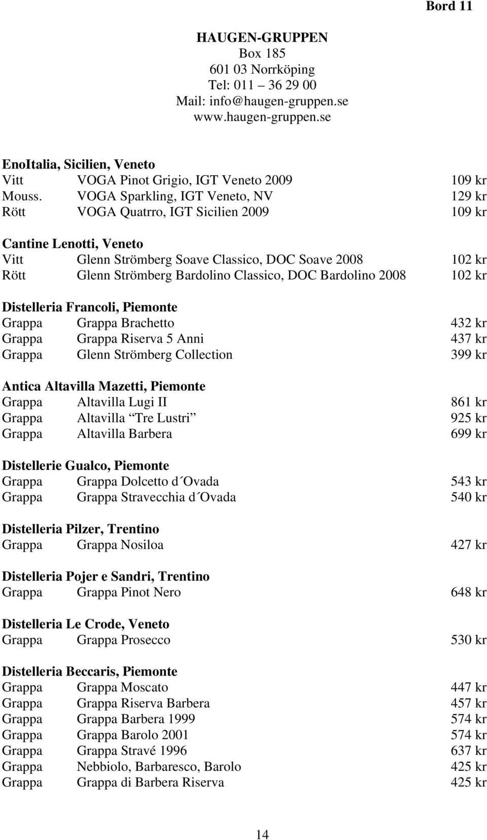 Classico, DOC Bardolino 2008 102 kr Distelleria Francoli, Piemonte Grappa Grappa Brachetto 432 kr Grappa Grappa Riserva 5 Anni 437 kr Grappa Glenn Strömberg Collection 399 kr Antica Altavilla