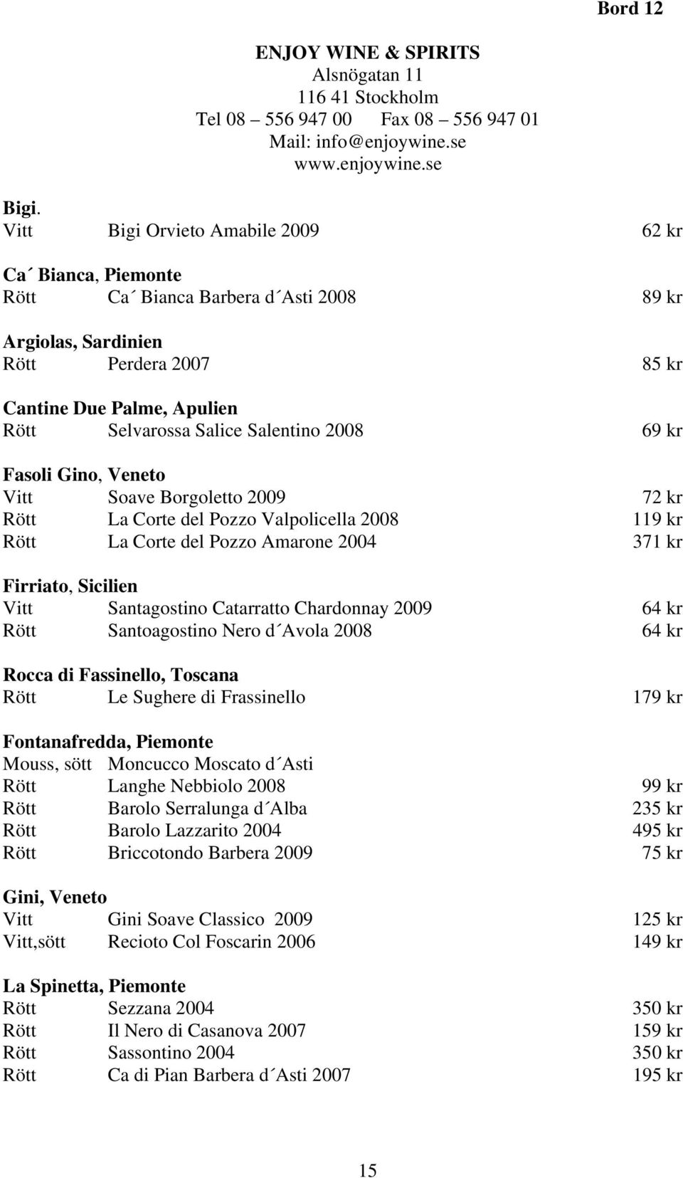 Salentino 2008 69 kr Fasoli Gino, Veneto Vitt Soave Borgoletto 2009 72 kr Rött La Corte del Pozzo Valpolicella 2008 119 kr Rött La Corte del Pozzo Amarone 2004 371 kr Firriato, Sicilien Vitt