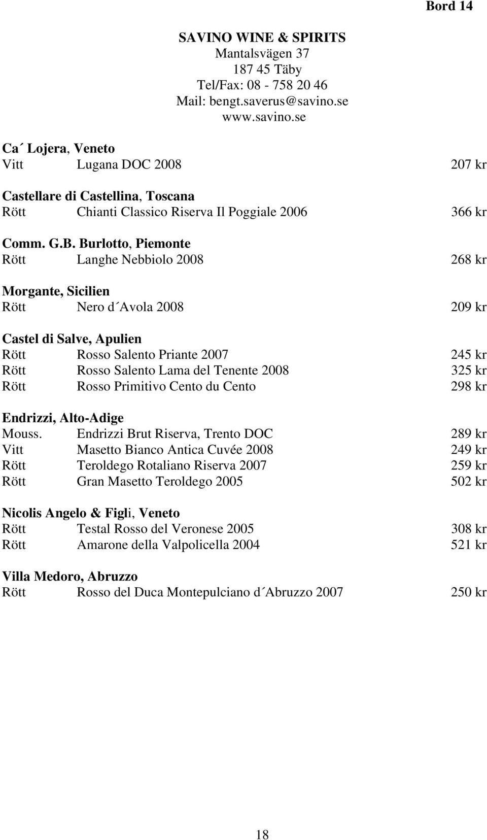 Burlotto, Piemonte Rött Langhe Nebbiolo 2008 268 kr Morgante, Sicilien Rött Nero d Avola 2008 209 kr Castel di Salve, Apulien Rött Rosso Salento Priante 2007 245 kr Rött Rosso Salento Lama del