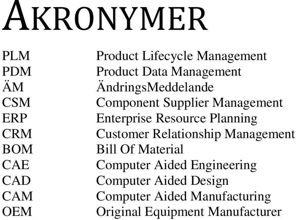 CRM Customer Relationship Management BOM Bill Of Material CAE Computer Aided