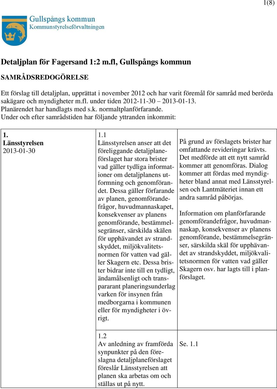 Planärendet har handlagts med s.k. normaltplanförfarande. Under och efter samrådstiden har följande yttranden inkommit: 1. Länsstyrelsen 2013-01-30 1.