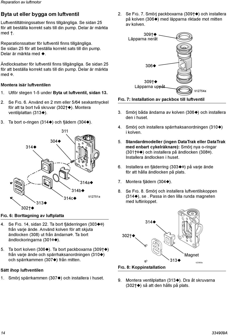 Se sidan 25 för att beställa korrekt sats till din pump. Delar är märkta med. Montera isär luftventilen 1. Utför stegen 1-5 under Byta ut luftventil, sidan 13. 2. Se FIG. 6.