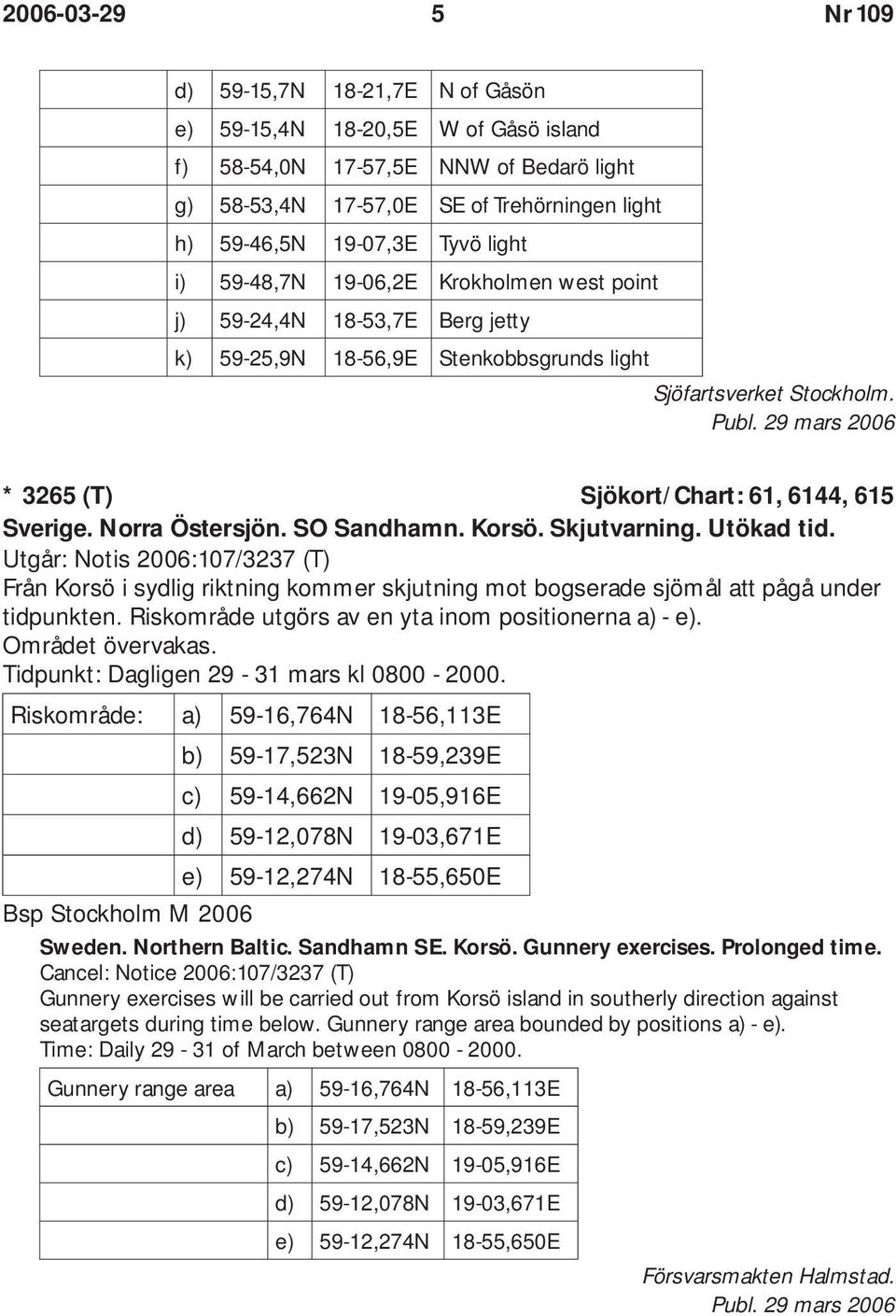 Norra Östersjön. SO Sandhamn. Korsö. Skjutvarning. Utökad tid. Utgår: Notis 2006:107/3237 (T) Från Korsö i sydlig riktning kommer skjutning mot bogserade sjömål att pågå under tidpunkten.