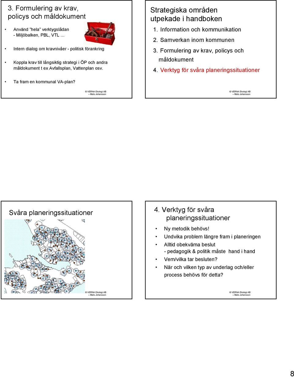 Formulering av krav, policys och måldokument 4. Verktyg för svåra planeringssituationer Ta fram en kommunal VA-plan? Svåra planeringssituationer 4.