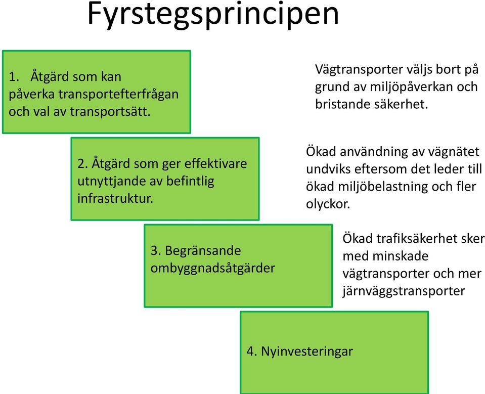 Begränsande ombyggnadsåtgärder Vägtransporter väljs bort på grund av miljöpåverkan och bristande säkerhet.