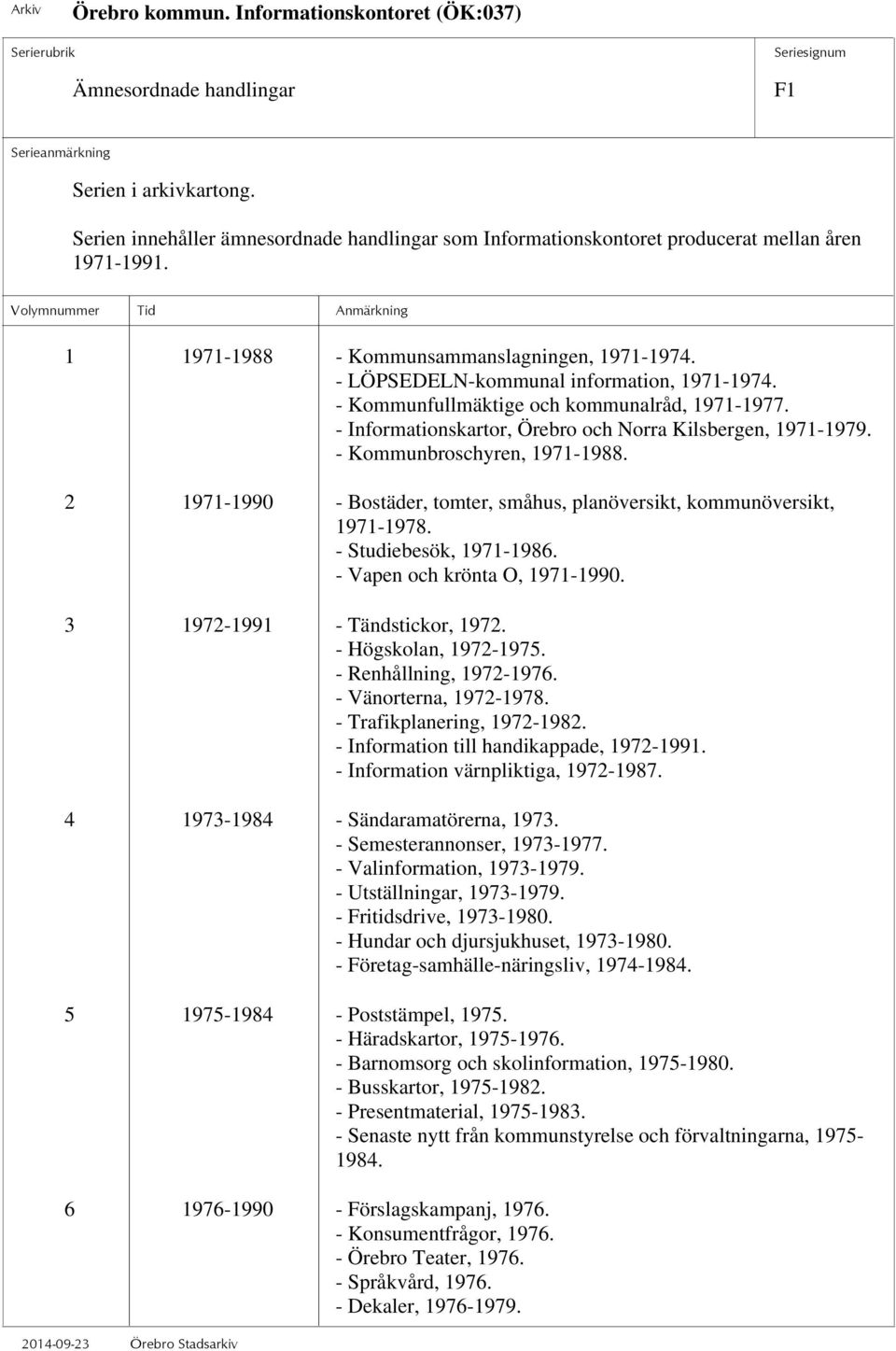 2 1971-1990 - Bostäder, tomter, småhus, planöversikt, kommunöversikt, 1971-1978. - Studiebesök, 1971-1986. - Vapen och krönta O, 1971-1990. 3 1972-1991 - Tändstickor, 1972. - Högskolan, 1972-1975.