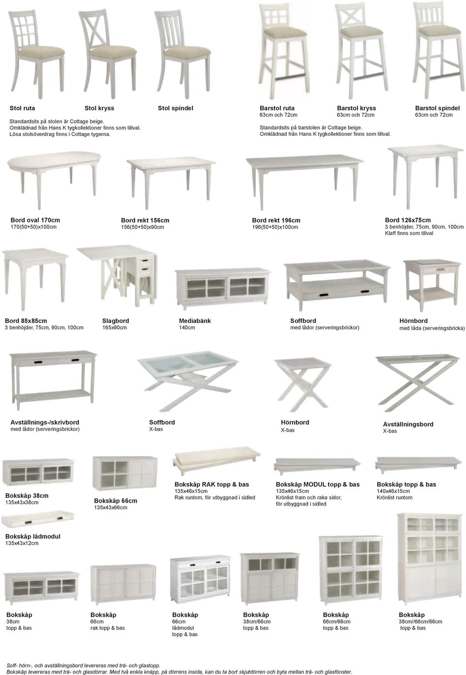 Barstol spindel 63cm och 72cm Bord oval 170cm 170(50+50)x100cm Bord rekt 156cm 156(50+50)x90cm Bord rekt 196cm 196(50+50)x100cm Bord 126x75cm 3 benhöjder, 75cm, 90cm, 100cm Klaff finns som tillval