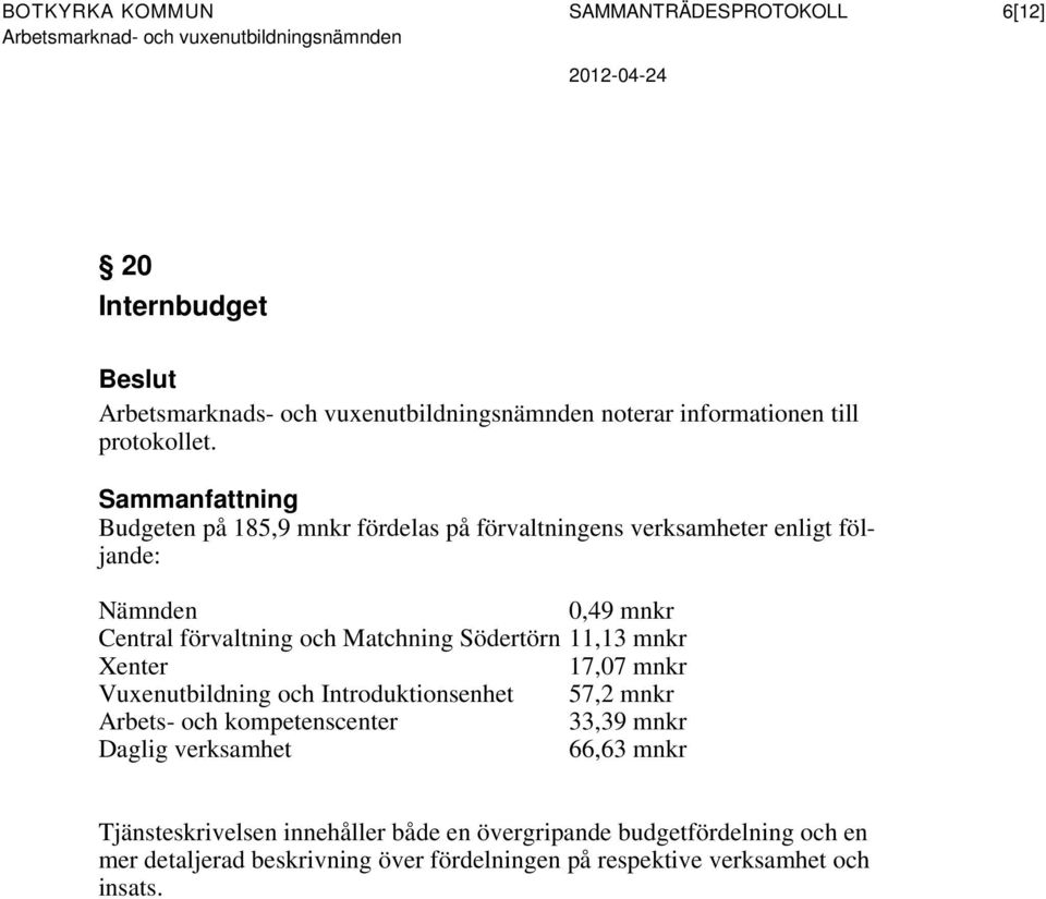 11,13 mnkr Xenter 17,07 mnkr Vuxenutbildning och Introduktionsenhet 57,2 mnkr Arbets- och kompetenscenter 33,39 mnkr Daglig verksamhet 66,63 mnkr