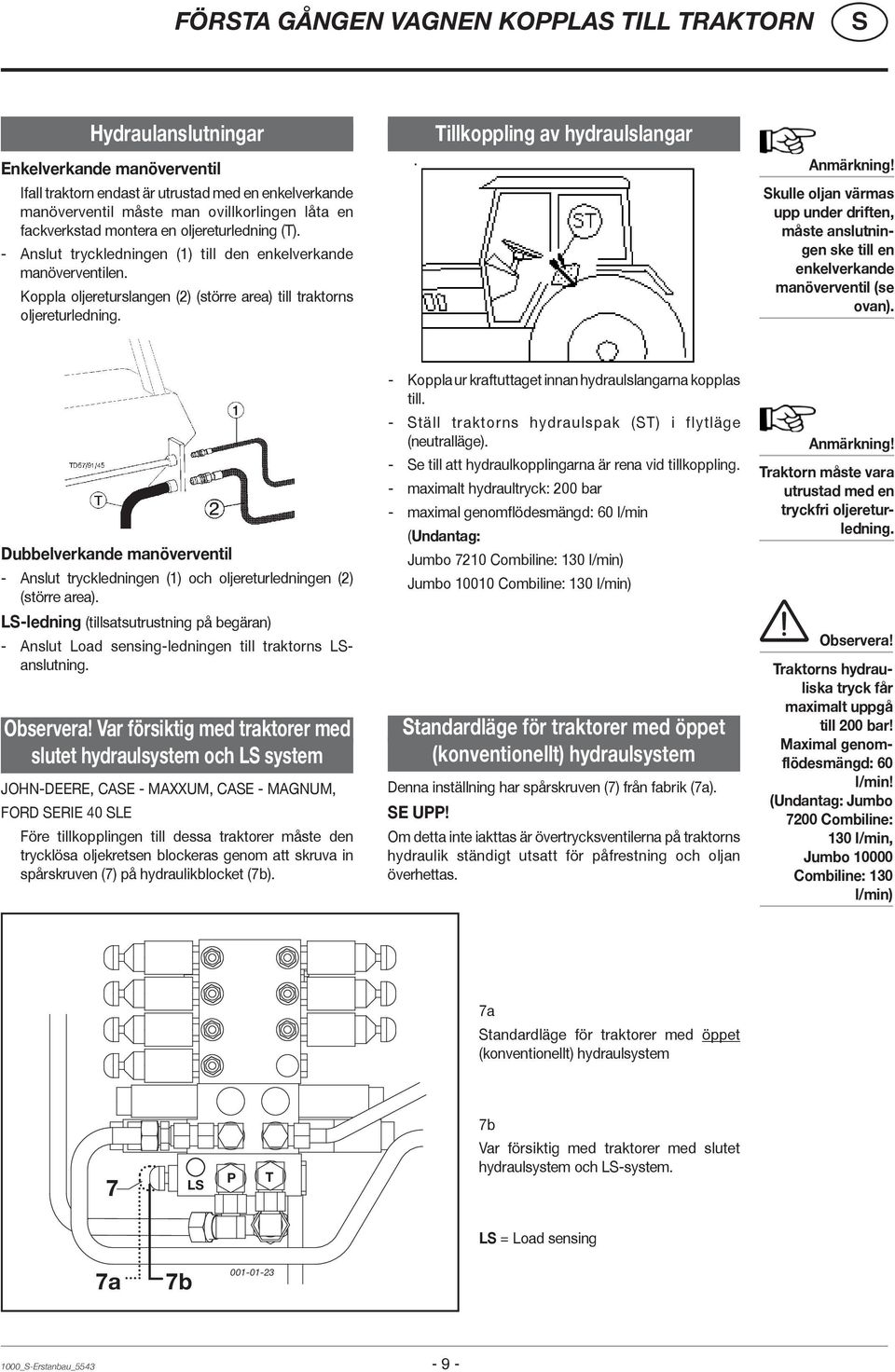 Tillkoppling av hydraulslangar Anmärkning! kulle oljan värmas upp under driften, måste anslutningen ske till en enkelverkande manöverventil (se ovan).