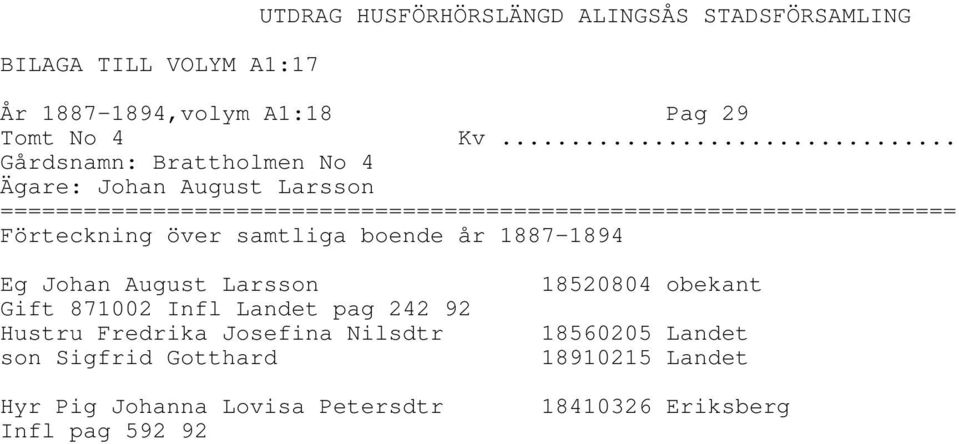 Gift 871002 Infl Landet pag 242 92 Hustru Fredrika Josefina Nilsdtr son Sigfrid