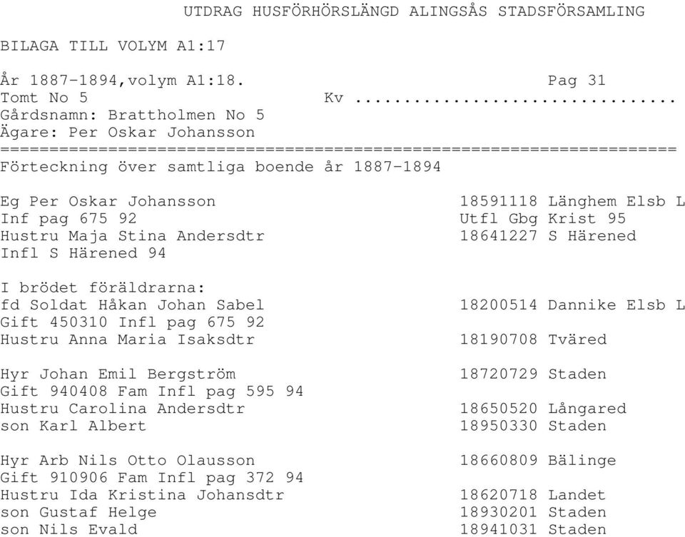 Härened Infl S Härened 94 I brödet föräldrarna: fd Soldat Håkan Johan Sabel Gift 450310 Infl pag 675 92 Hustru Anna Maria Isaksdtr Hyr Johan Emil Bergström Gift 940408 Fam Infl pag