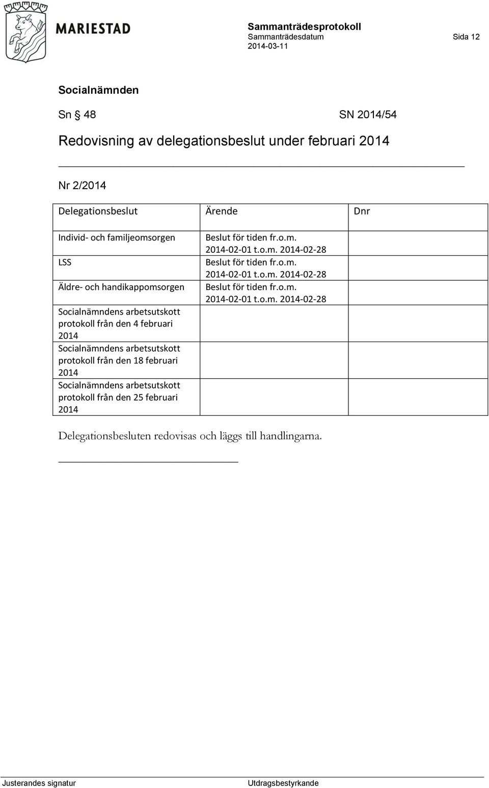 från den 18 februari 2014 s arbetsutskott protokoll från den 25 februari 2014 Beslut för tiden fr.o.m. 2014-02-01 t.o.m. 2014-02-28 Beslut för tiden fr.