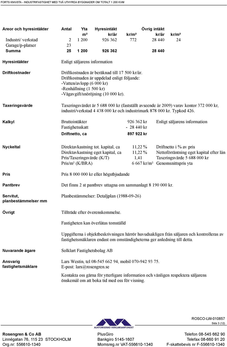 Driftkostnaden är uppdelad enligt följande: -Vatten/avlopp (6 000 kr) -Renhållning (1 500 kr) -Vägavgift/snöröjning (10 000 kr).