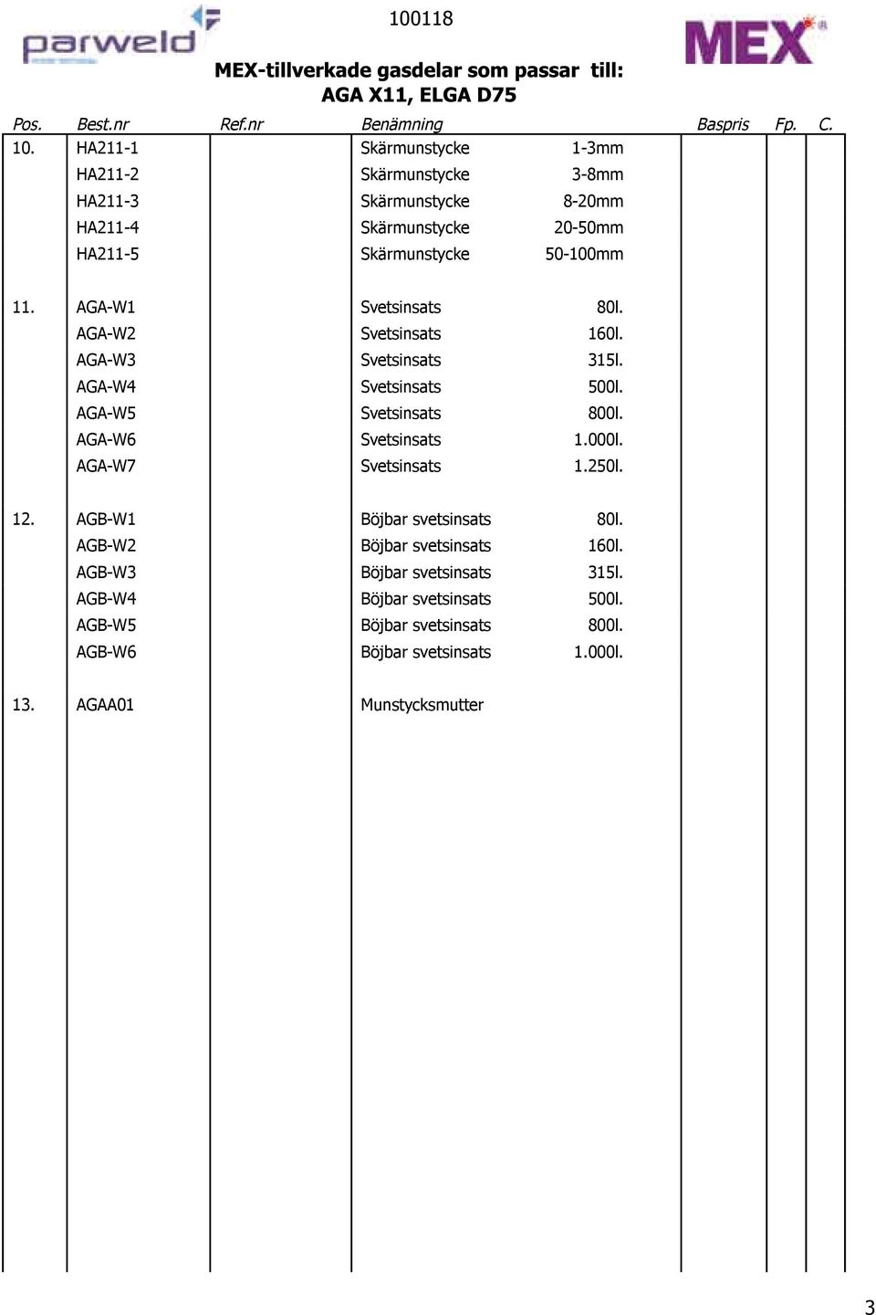 AGA-W1 Svetsinsats 80l. AGA-W2 Svetsinsats 160l. AGA-W3 Svetsinsats 315l. AGA-W4 Svetsinsats 500l. AGA-W5 Svetsinsats 800l. AGA-W6 Svetsinsats 1.000l.