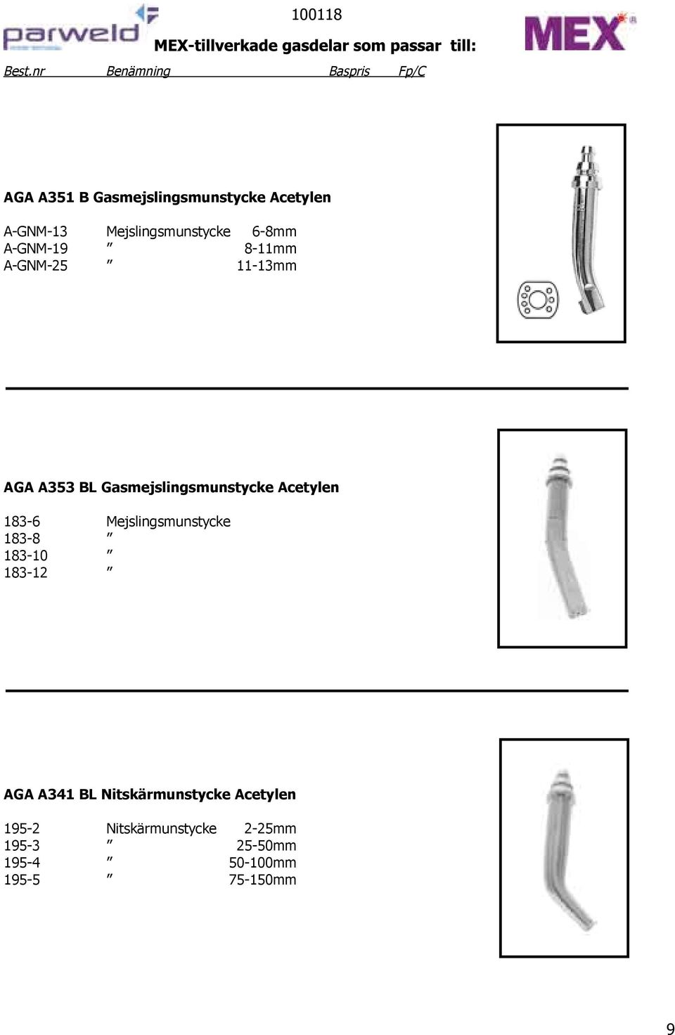 183-6 Mejslingsmunstycke 183-8 183-10 183-12 AGA A341 BL Nitskärmunstycke