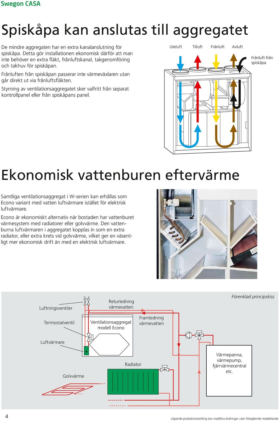 Frånluften från spiskåpan passerar inte värmeväxlaren utan går direkt ut via frånluftsfläkten. Styrning av ventilationsaggregatet sker valfritt från separat kontrollpanel eller från spiskåpans panel.