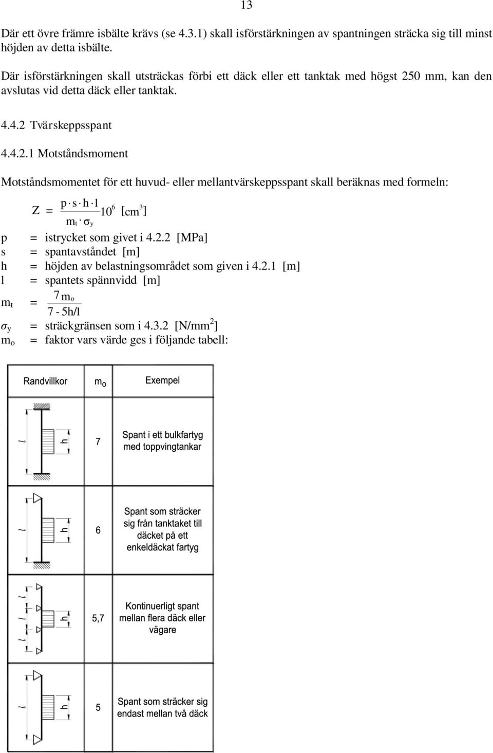 4. Tvärskeppsspant 4.4..1 Motståndsmoment Motståndsmomentet för ett huvud- eller mellantvärskeppsspant skall beräknas med formeln: Z = psh l 6 3 10 [cm ] mt σy p = istrycket som givet i 4.