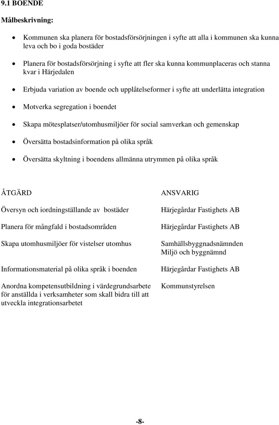 social samverkan och gemenskap Översätta bostadsinformation på olika språk Översätta skyltning i boendens allmänna utrymmen på olika språk ÅTGÄRD Översyn och iordningställande av bostäder Planera för