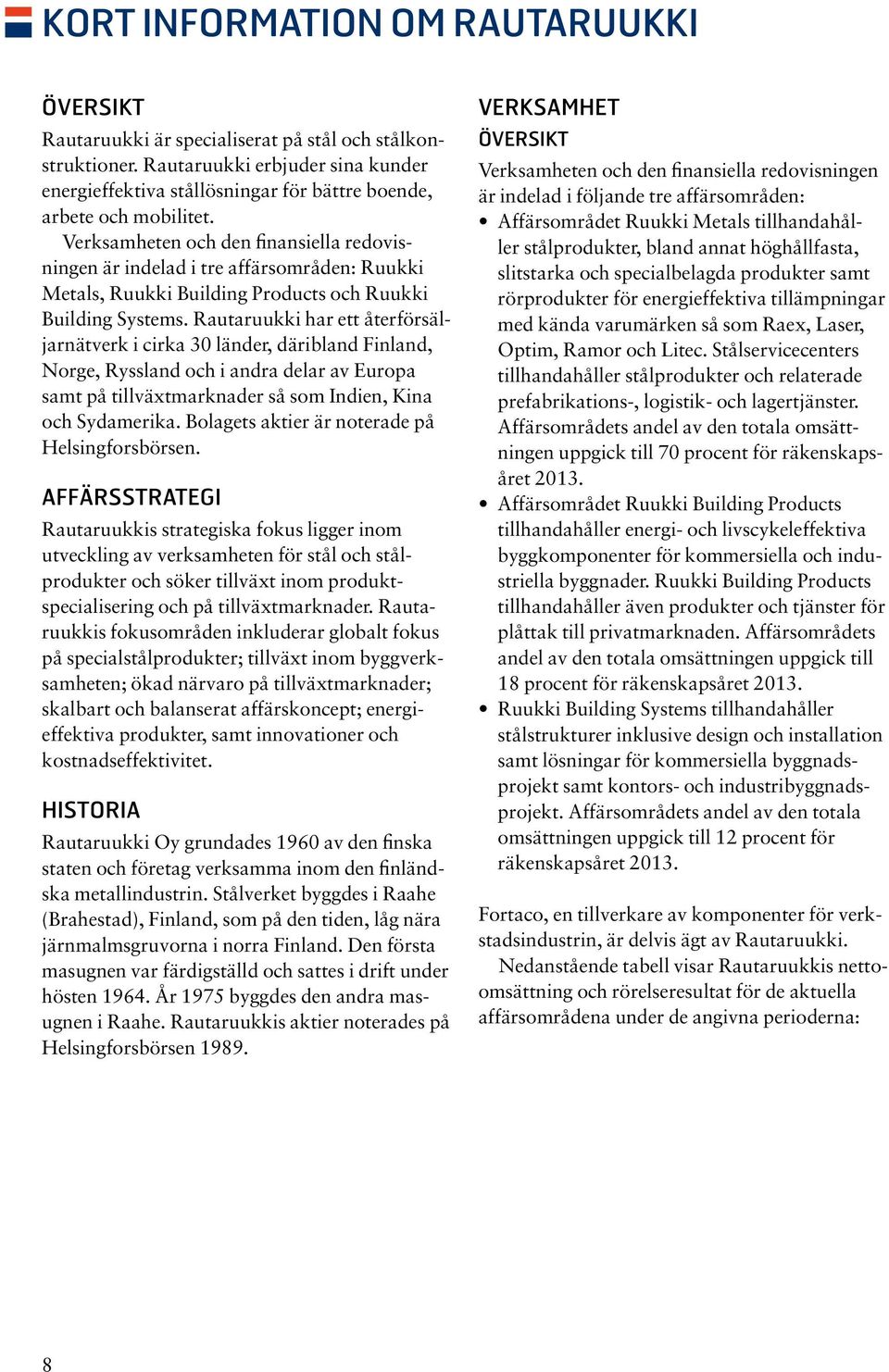 Verksamheten och den finansiella redovisningen är indelad i tre affärsområden: Ruukki Metals, Ruukki Building Products och Ruukki Building Systems.