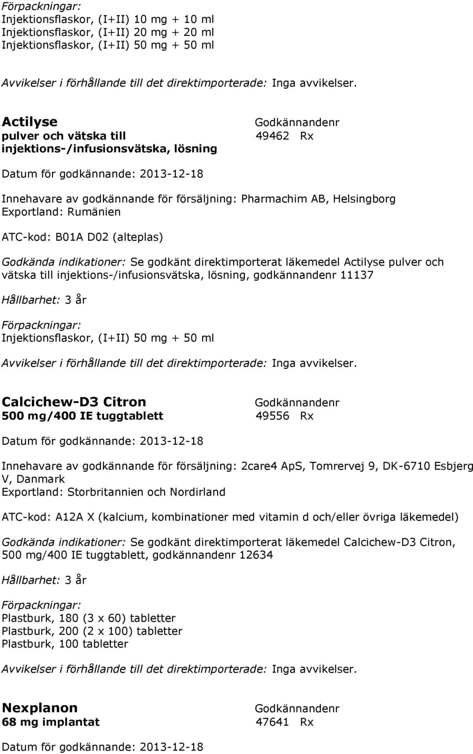 11137 Injektionsflaskor, (I+II) 50 mg + 50 ml Calcichew-D3 Citron 500 mg/400 IE tuggtablett 49556 Rx Innehavare av godkännande för försäljning: 2care4 ApS, Tomrervej 9, DK-6710 Esbjerg V, Danmark