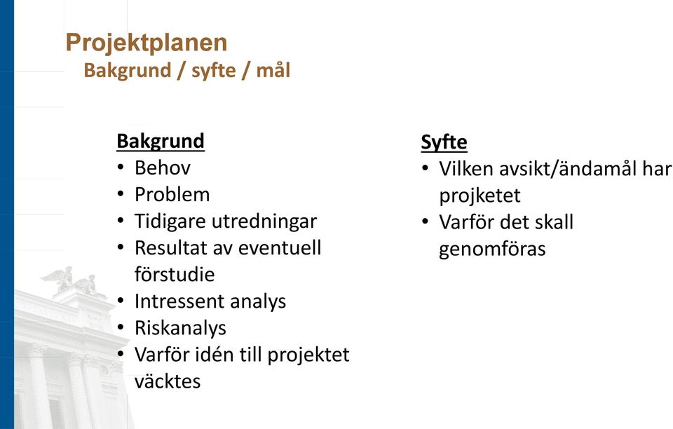 Intressent analys Riskanalys Varför idén till projektet