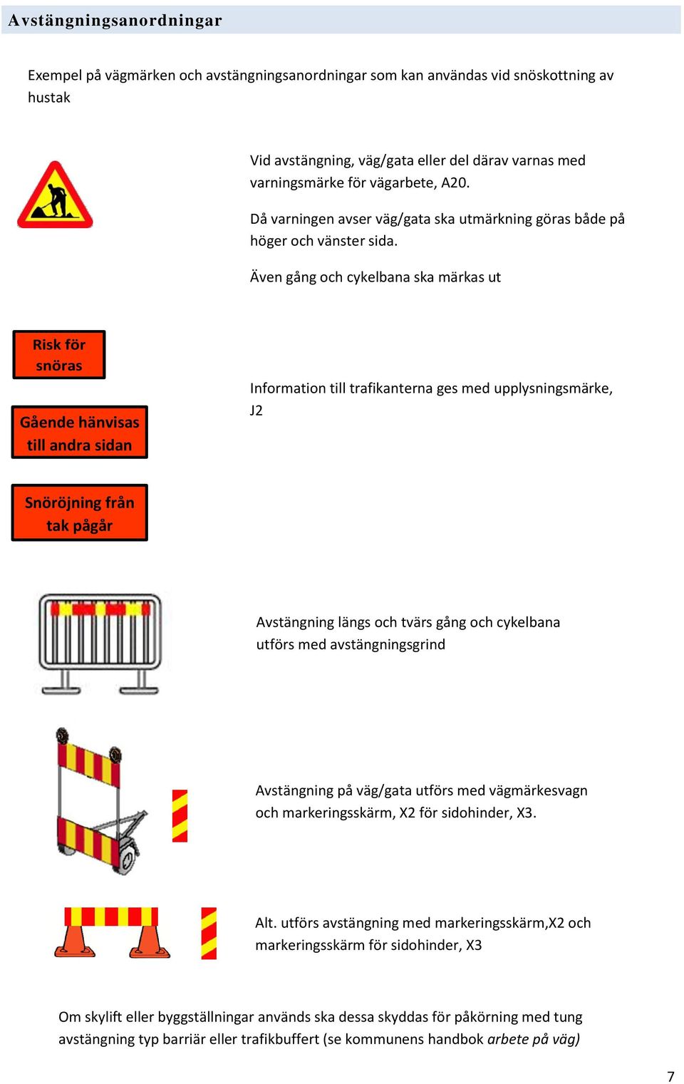 Även gång och cykelbana ska märkas ut Risk för snöras Gående hänvisas till andra sidan Information till trafikanterna ges med upplysningsmärke, J2 Snöröjning från tak pågår Avstängning längs och